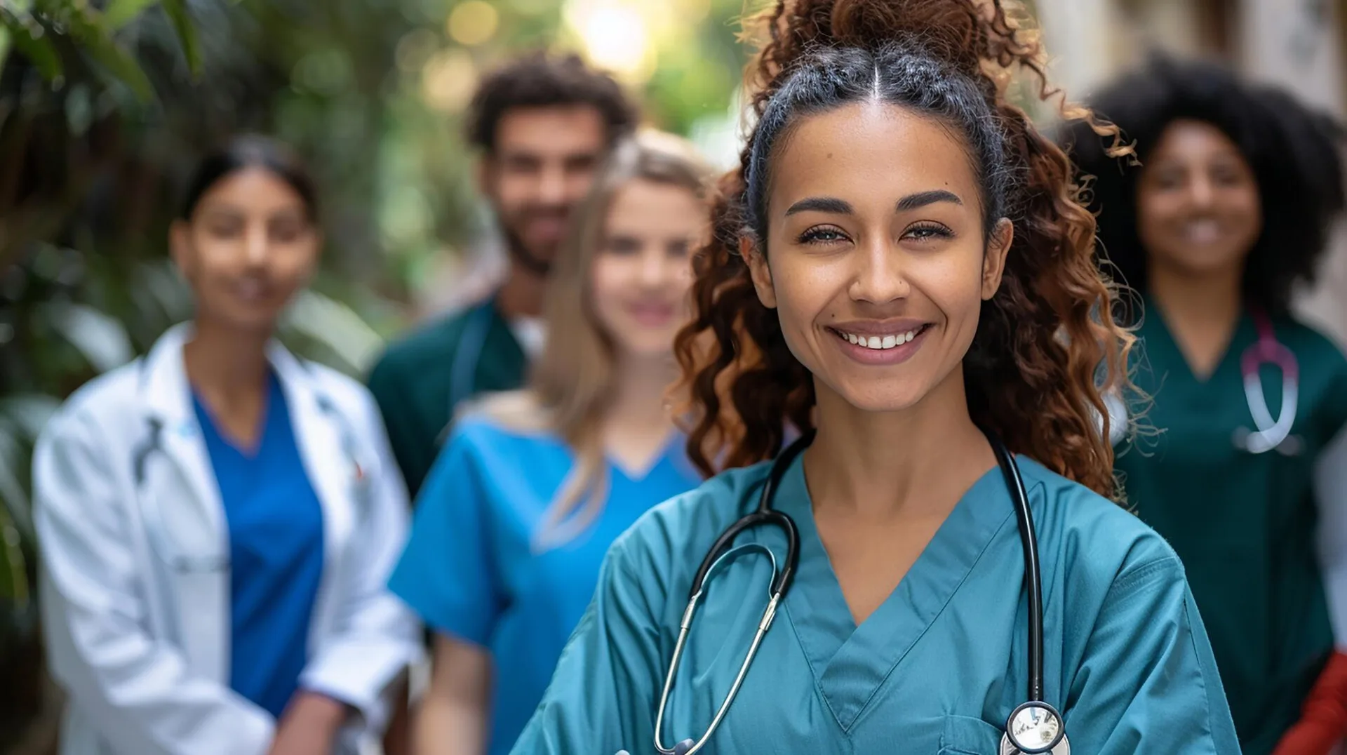 Médica angloparlante con equipo médico al fondo en una clínica de terapia con células madre en Bogotá