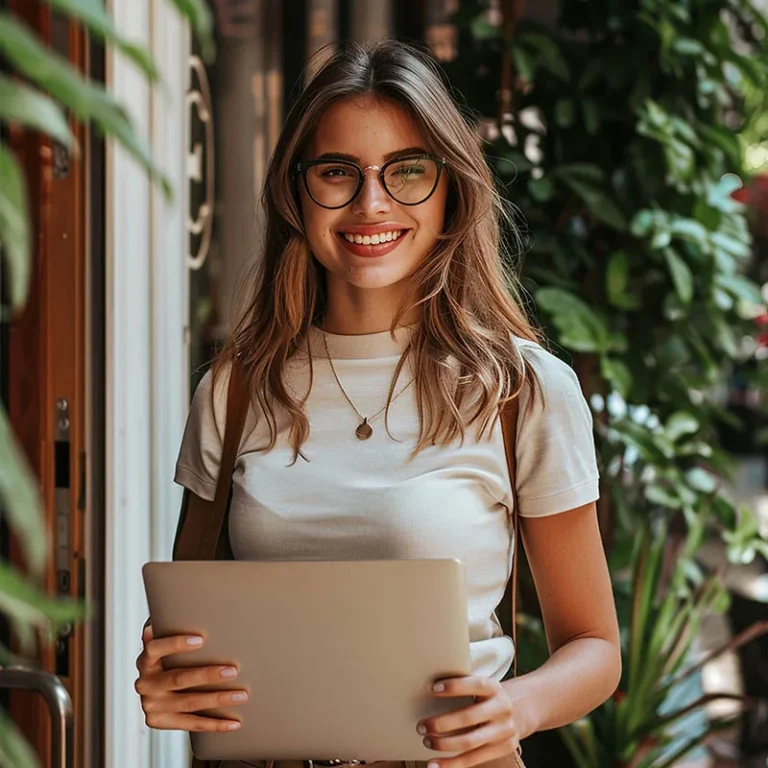 Woman with glasses holding tablet and book symbolizing empowerment through stem cell therapy in Bogotá